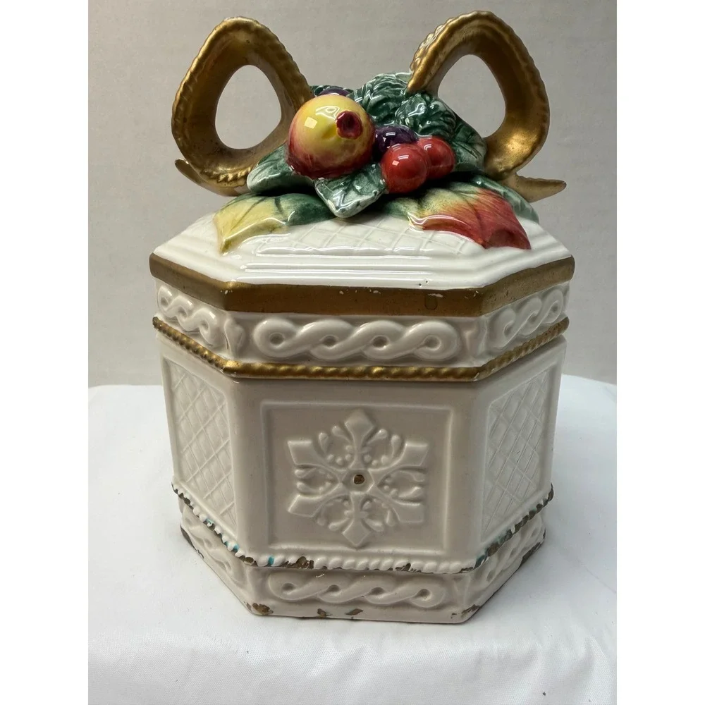 Fitz and Floyd Classics Christmas Fruit Bow Octagon Lidded Canister Gold Trim